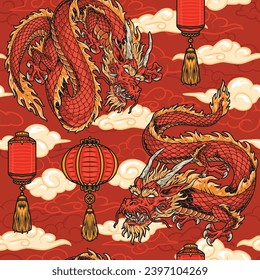 Mythical dragons colorful pattern seamless with flying monsters with horns and mustaches near hanging oriental lanterns and clouds vector illustration