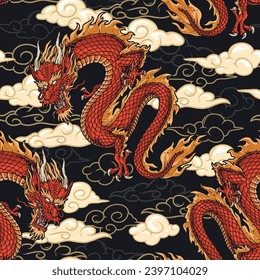 Mythical dragons seamless pattern colorful with reptiles covered in red scales flying in black sky among clouds vector illustration