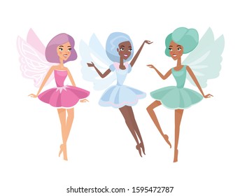 Mythical fairies flat vector illustrations set. Cute fairytale creatures isolated on white background. Magical flying elves. Cartoon girls with wings. Beautiful pixies floating in air.