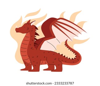 Mítica ilustración del vector del dragón rojo de hadas aislado fondo blanco. Reptil de caricatura con alas en llamas. Personajes fantasmas, criaturas míticas de la época medieval