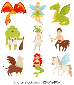 Mythical fairy tale creatures set, Centaur, Pegasus, Griffin, Medusa Gorgon, Mermaid, Dragon, Flaming Phoenix bird vector Illustration