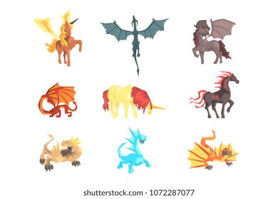 Mythical and fantastic creatures, set for label design. Cartoon detailed Illustrations