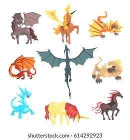 Mythical and fantastic creatures, set for label design. Cartoon detailed Illustrations