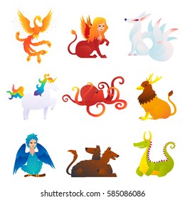 Mythical And Fantastic Creatures Set With Phoenix Sphinx Kitsune Unicorn Kraken Griffin Harpy Cerberus Dragon Isolated Vector Illustration