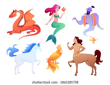 Mythical fantasy creatures vector illustration set. Cartoon mythology collection with myth fairy tale characters, fantastic beasts and monsters, mermaid centaur unicorn genie phoenix isolated on white