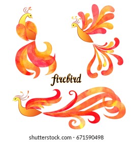 Mythical Firebird set. Watercolor flaming Phoenix symbols isolated on white background. Vector illustration.