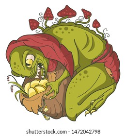 Mythical forest creature with a bag of coins. Round color detailed illustration.