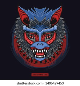 Mythical giant bat head with sharp teeth and scary red eyes with blue fur on dark background illustration