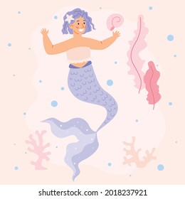 Mythical girl mermaid swimming underwater world sea or ocean. Fantasy cute marine princess. Beautiful card for girly party. Flat cartoon vector illustration.