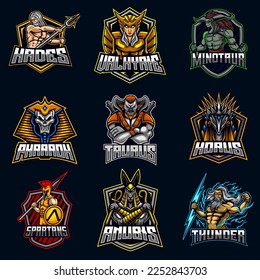 Mythical God Character E-sport Logo Design Bundle Set Hades, valkyrei, minotaur, pharaoh, taurus, horus, spartan, anubis, zeus, symbol, icon collection vector illustration gaming team