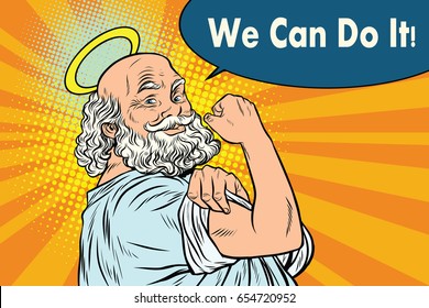 Mythical God we can do it. Religion and faith. Pop art retro vector illustration