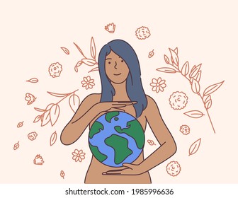 Mythical Goddess Pachamama, save the earth and earth day, green day concept. Mother earth day with planet, nature and beauty woman.