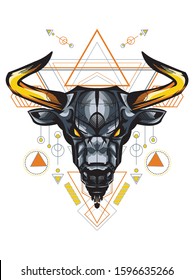 Mythical gold taurus illustration with geometric pattern