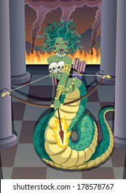 The mythical Gorgon Medusa devastating temple of her mortal enemy - the goddess Athena.  No transparency used. Basic (linear) gradients. 