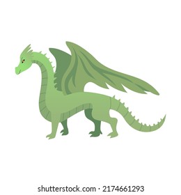 Mythical green Dragon flat vector illustration. Fantasy characters, centaur, harpy, dragon, mermaid, Pegasus, griffin isolated on white