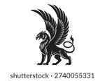 Mythical griffin silhouette standing with large spread wings and majestic lion body pose