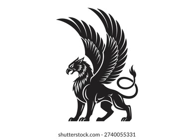 Mythical griffin silhouette standing with large spread wings and majestic lion body pose