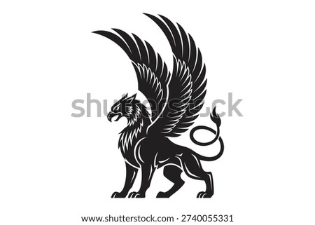 Mythical griffin silhouette standing with large spread wings and majestic lion body pose
