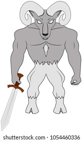 mythical guard with sword and white eyes