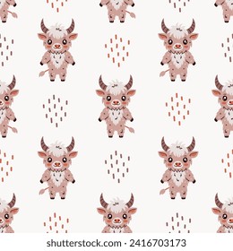 Mythical horned creature seamless pattern. Repeat vector illustration. Trendy esoteric background with occult shaggy devil, standing on two legs. Highland cow cartoon flat design.