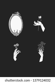 Mythical Illustrations (Fill) ; 1.Mirror 2.Flower bloody hand 3.Flower and hand  4.Burning hand