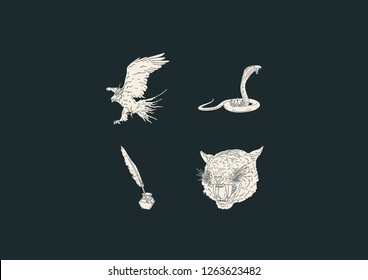 Mythical Illustrations (Fill) : 1.Phoenix 2.King Cobra 3.Quill 4.Saber Toothed