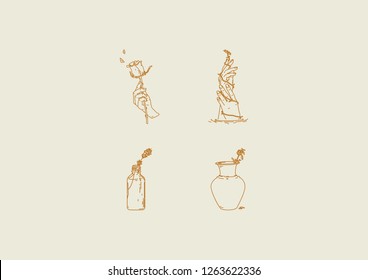 Mythical Illustrations (Outline) : 1.The Hand and Flowers 2.Drowning 3.Glass Flower Bottle 4.Flower vase
