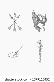 Mythical Illustrations (Outline) : 1.Arrows 2.Greek Helmet 3.Hand with sword 4.Sword snake