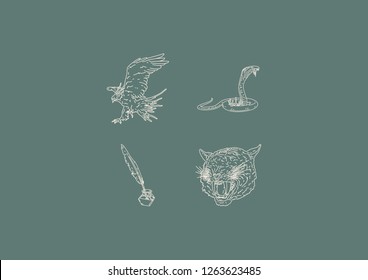 Mythical Illustrations (Outline) : 1.Phoenix 2.King Cobra 3.Quill 4.Saber Toothed