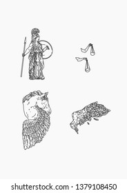 Mythical Illustrations (Outline) : 1.Roman Statue 2.Justice 3.Unicorn 4.Wing