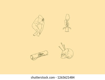 Mythical Illustrations (Outline) : 1.Statue 2.Excalibur 3.Treasure map 4.Skull