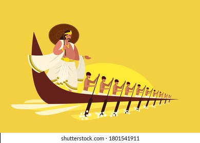 Mythical king of Kerala 'Mahabali' leading a snake boat team of oarsmen in the traditional boat race