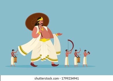 Mythical King of Kerala 'Mahabali' walking with people playing percussion instruments. Concept for Onam Festival in Kerala, India.