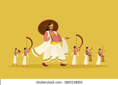 Mythical King of Kerala 'Mahabali' walking along with people playing percussion instruments during the Onam Festival.