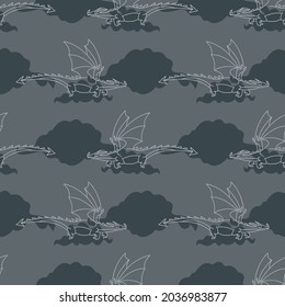 Mythical Legendary Dragon Digital Art Pattern. Vector Traditional Mythical Beast Illustration Graphic. Masculine Reptile Print For Wallpaper Or Decorative Textile.