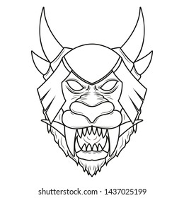 Mythical Lion demon head line art illustration. Detailed vector art of a horned mythological lion head