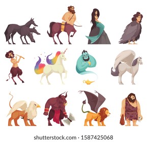 Mythical magical creatures spirits monsters cartoon stile icons set with cyclops mermaid centaur unicorn cerberus vector illustration 