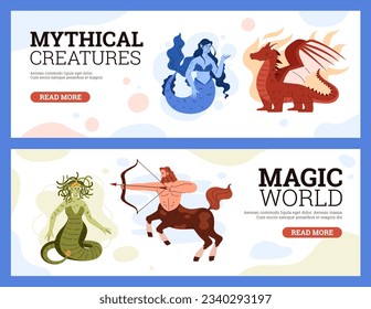 Mythical and magical creatures, web banners set, flat vector illustration. Mythological beasts - dragon, mermaid, medusa gorgon and centaur. Fairytales and folklore concepts.