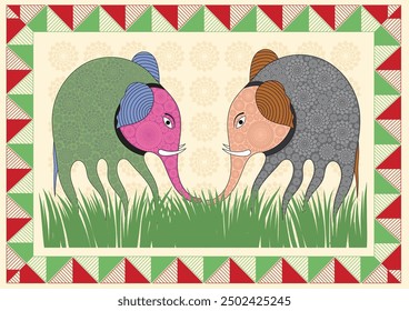 Encuentro mítico: Una representación serena y bonita de elefante y pulpo. Pintura de pulpo elefante gond, criatura híbrida de arte popular indio, arte de fantasía tribal, arte de criatura mítica gond. 