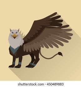 Mythical monsters griffin. Legendary creature with the body, tail, and back legs of a lion, head and wings of an eagle. Game object in flat design isolated. Vector illustration.