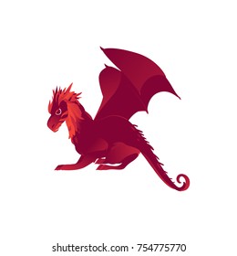 Mythical, mythological, fictional red flying dragon character, side view flat cartoon vector illustration isolated on white background. Red dragon with wings, side view vector illustration