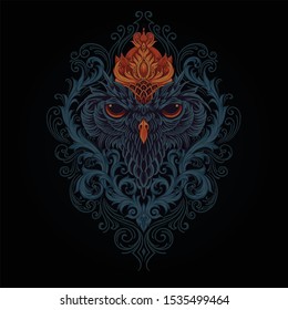 MYTHICAL OWL WITH TRADITIONAL ORNAMENT ILLUSTRATION