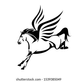mythical pegasus horse black and white vector design - flying winged stallion side view outline