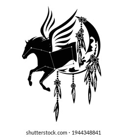 mythical pegasus horse constellation and moon crescent decorated with ethnic feather ornament - dream catcher black and white vector design