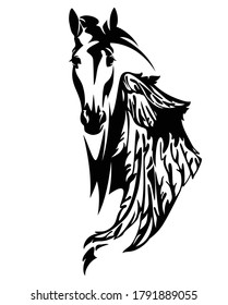 mythical pegasus horse head and wing - black and white animal vector portrait