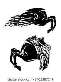 mythical pegasus horse legs and wings - side view animal stylized black and white vector design