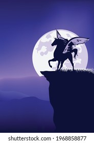 mythical pegasus horse standing at mountain cliff against full moon - fairy tale winged stallion silhouette and night landscape vector design