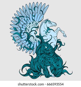 Mythical pegasus with large wings with a pattern.