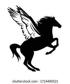 mythical pegasus rearing up - side view winged horse black and white vector silhouette outline