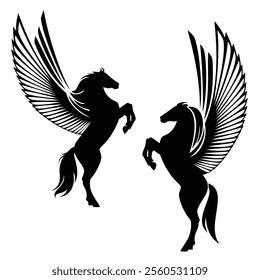 mythical pegasus rearing up - side view winged horse black and white vector silhouette outline design set